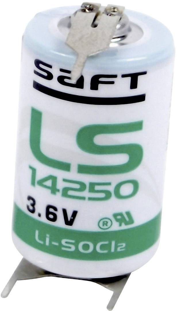 Batéria s nápisom 'SAFT LS 14250 3.6V Li-SOCl₂', valcovitého tvaru, kovové kontakty na hornej a dolnej strane, primárne používaná v elektronike.