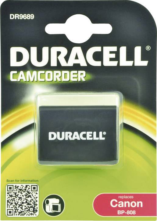 Duracell akumulátorový obal pre videokameru, model DR9689, kompatibilný s Canon BP-808. Obal zobrazuje logo a QR kód.