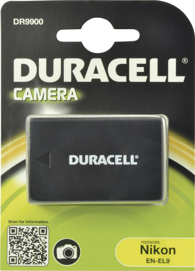 Batéria do fotoaparátu značky Duracell v obale. Na obale je napísané 'nahrádza Nikon EN-EL9'. QR kód je viditeľný.