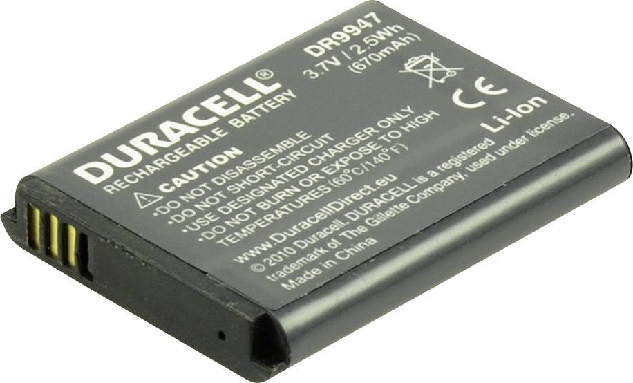 Dobíjateľná batéria Duracell, model DR9947, 3,7V 750mAh, Li-Ion. Výstrahy: nerozťahovať, neskratovať.