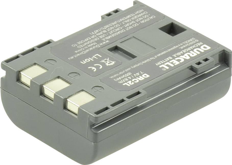 Šedý, obdĺžnikový akumulátor s tromi kovovými kontaktmi, označený nápisom 'DURACELL', s napätím 7,4V a kapacitou 1800mAh.