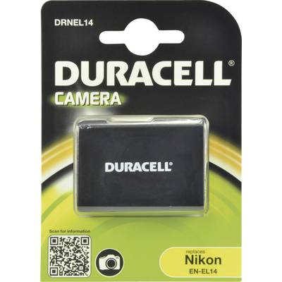 Náhradná batéria Duracell do fotoaparátu, model DRNEL14, kompatibilná s Nikon EN-EL14. Balená v čierno-žltom blistrovom obale s QR kódom.