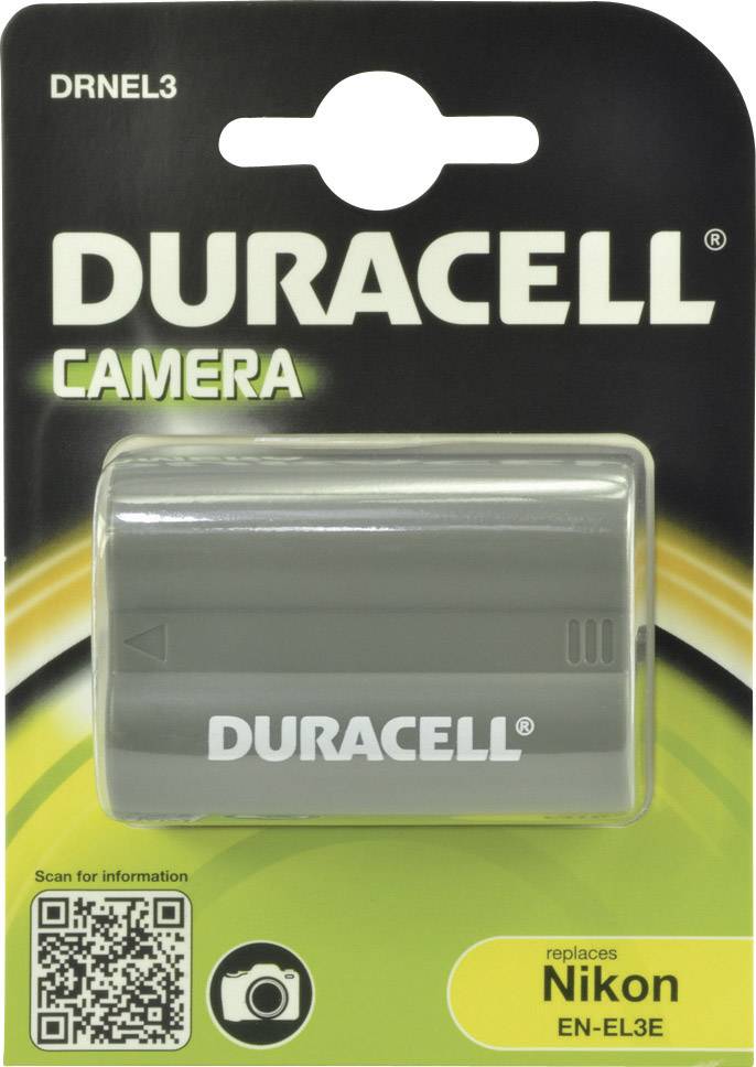 Akumulátor Duracell pre fotoaparát, kompatibilný s Nikon EN-EL3E. Na obale je znázornený akumulátor s QR kódom a symbolom fotoaparátu v ľavom dolnom rohu.