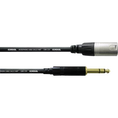 Hore konektor XLR a dole 6,3 mm jack konektor od spoločnosti Cordial. Obe sú mikrofonické káble na pripojenie audio zariadení.