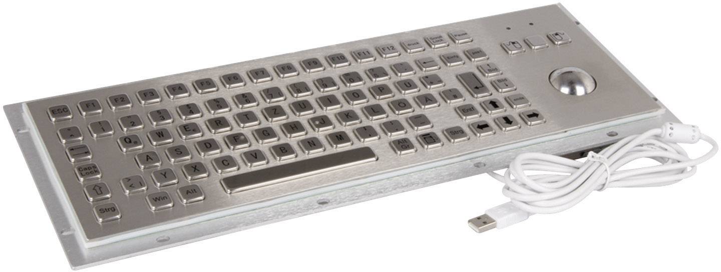 Kovová klávesnica s integrovaným trackballom a USB káblom, vhodná pre priemyselné aplikácie.