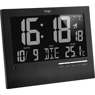Digitálne nástenné hodiny zobrazujú '16:18', dátum '10/9', deň v týždni 'DIE', teplota '25,1°C', so symbolmi pre budík a letný čas.