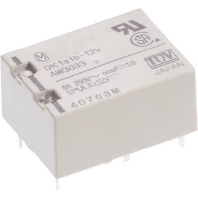 Relé 'DK1a1b-12V' s certifikátmi TÜV a UL, zobrazuje elektrické špecifikácie vrátane '250V', '3A' a 'JAPAN'.
