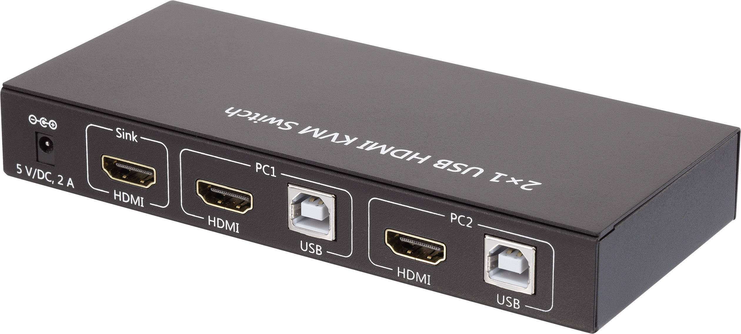 2x1 USB HDMI KVM prepínač: Čierne zariadenie s HDMI a USB portami na ovládanie dvoch počítačov prostredníctvom jedného monitora a jednej klávesnice.