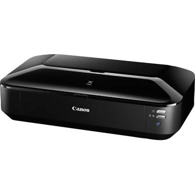 Čierny tlačiareň s hladkým dizajnom, vpredu s ovládacími tlačidlami a indikátorom pripojenia. Logo značky viditeľné na prednej strane.