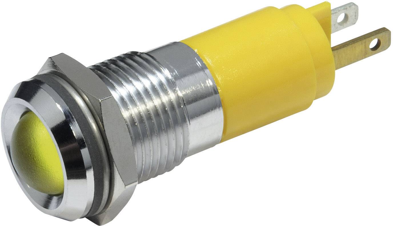 Žltý tlačidlový spínač s kovovým krytom, používaný pre elektronické riadenie.