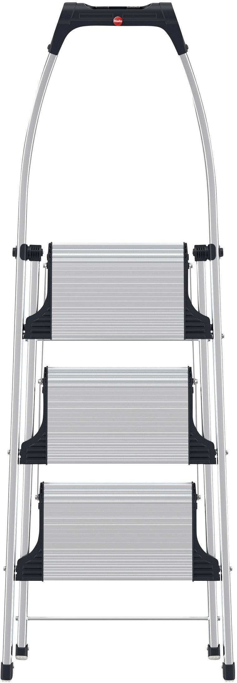 Trojstupňový hliníkový rebrík, vhodný do domácnosti, s protišmykovými stupňami a ergonomickou rukoväťou.
