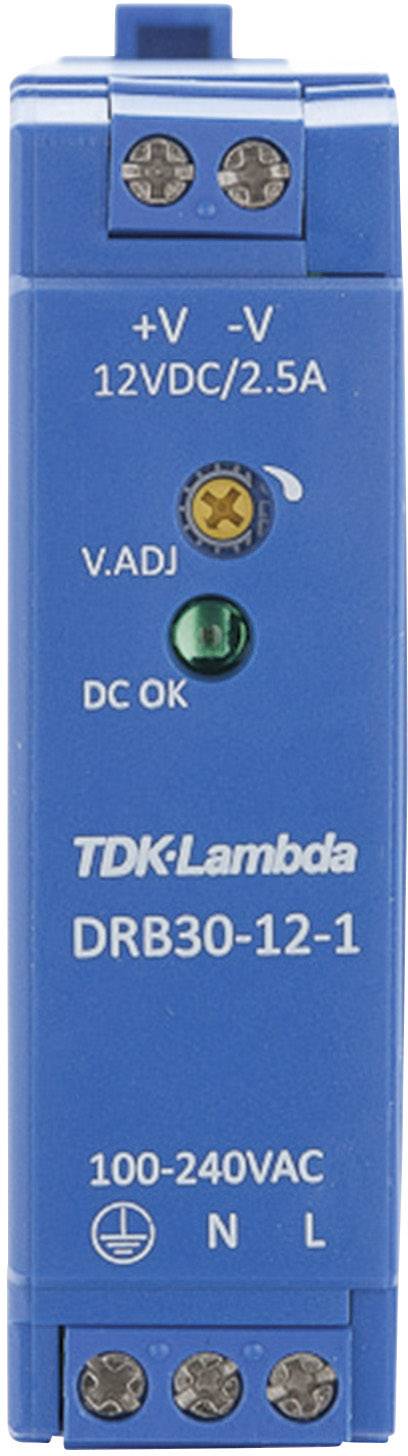 Modrý elektronický prístroj od TDK-Lambda s nápismi '+V', '-V', '12VDC/2.5A', 'V.ADJ', 'DC OK'. Vstup je '100-240VAC'.