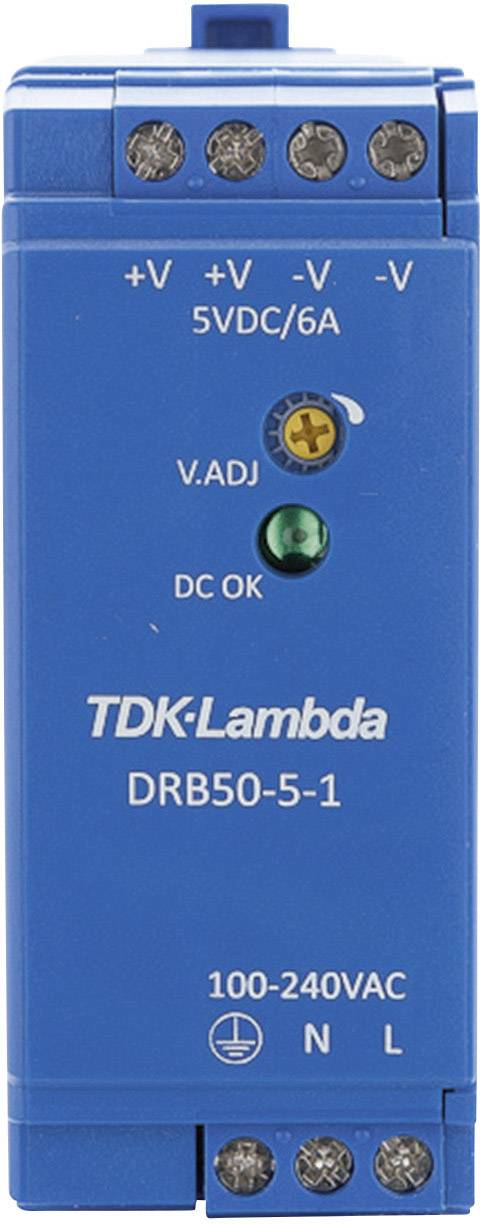 Modré napájacie zariadenie značky TDK-Lambda s modelovým číslom DRB50-5-1. Hore sa nachádzajú pripojovacie svorky a zelená kontrolná dióda.
