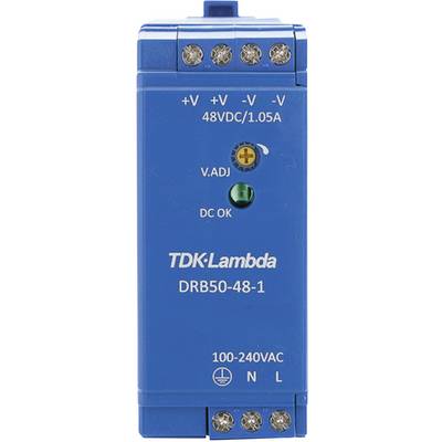 Modré sieťové napájací modul s nápisom 'TDK-Lambda DRB50-48-1', vstup 100-240VAC, výstup 48VDC/1,05A, indikátor DC OK.