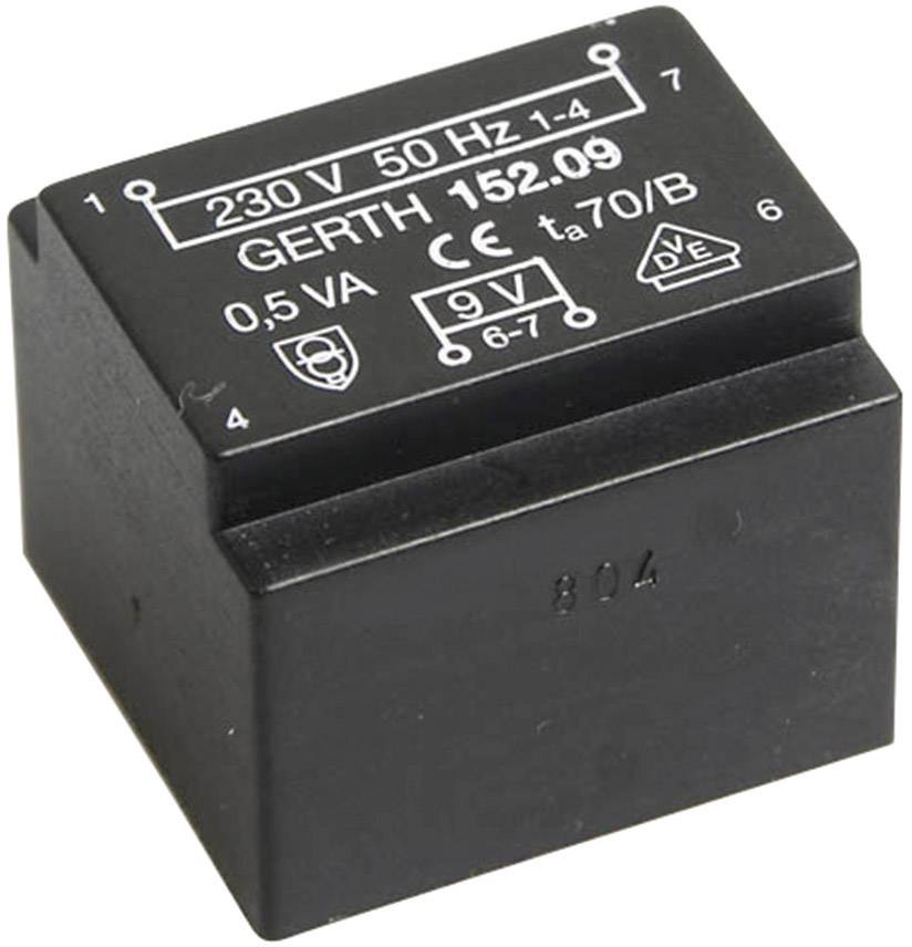 Čierny transformátor, označený štítkami '230V 50Hz 1-4', 'GERTH 152.09', '0,5 VA', 'CE', '9V', 'ta 70/B'.