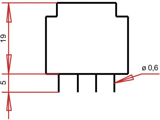 Technický výkres konektora s rozmermi: 19 mm výška, 5 mm šírka, priemer pinu 0,6 mm.