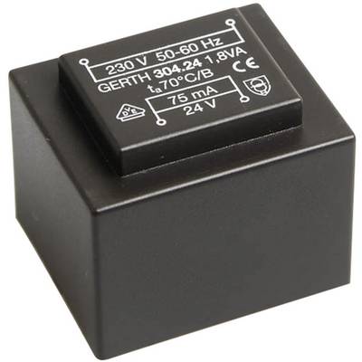Obdĺžnikový transformátor s nápisom '230 V 50-60 Hz', model 'GERTH 304.24', výstup '24 V/75 mA', čierne puzdro.