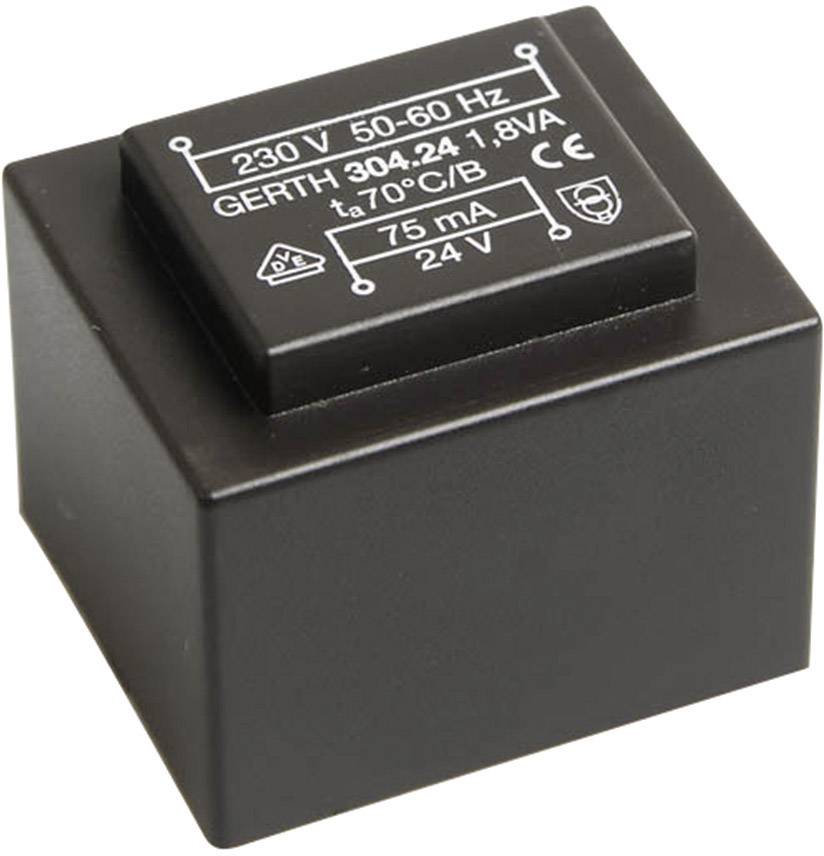 Čierny transformátor pre 230 V striedavé napätie, výstupný výkon 1,8 VA, napätie 24 V, prúd 75 mA.