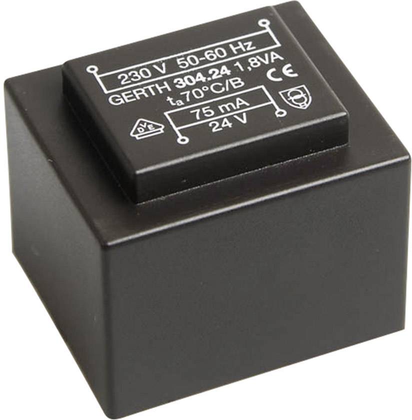 Čierny elektrický transformátor, 230 V, 50-60 Hz, s nápisom 'GERTH 304.24 1,8VA' a symbolmi bezpečnostných upozornení.