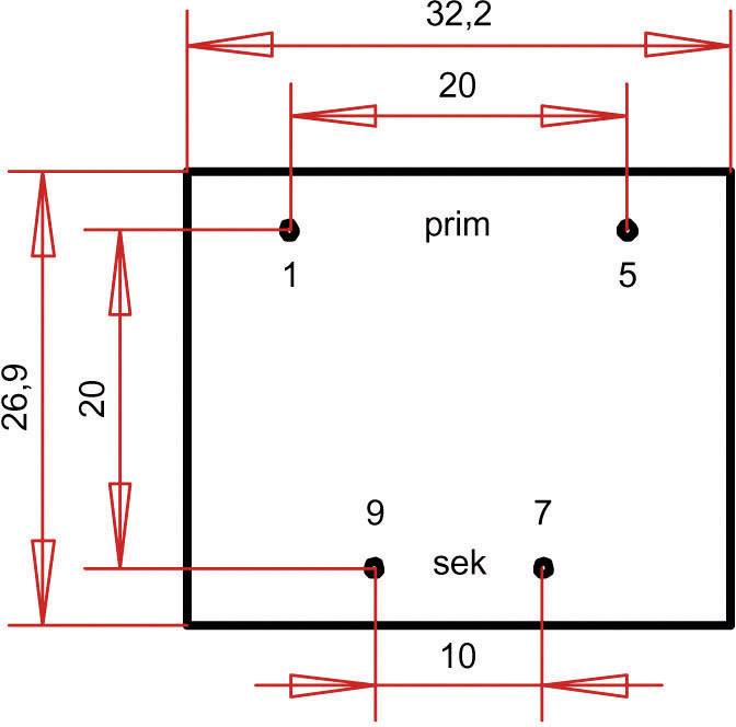 Obdĺžnikový diagram so značkami 'prim' hore a 'sek' dole. Rozmery: šírka 32,2; výška 26,9; vertikálne vzdialenosti 20.