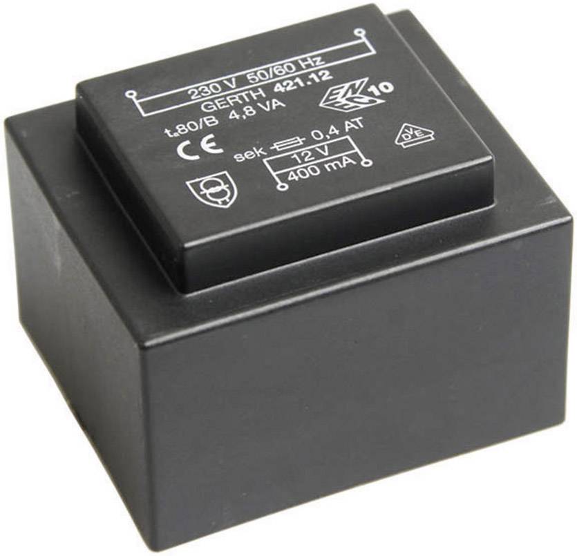Čierny prsteňový jadrový transformátor s nápismi: '230V 50/60Hz', 't.80/B 4.8 VA', 'sek: 0.4 AT, 12V, 400mA'.