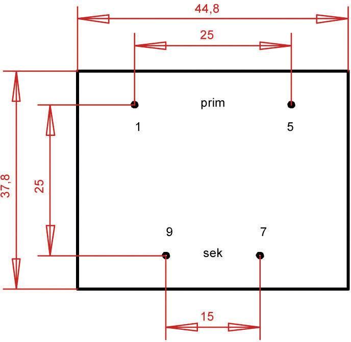 Obdĺžnik so štyrmi bodmi: '1', '5' (hore) a '9', '7' (dole). Označený ako 'prim' hore a 'sek' dole. Rozmery: 44,8 x 37,8.