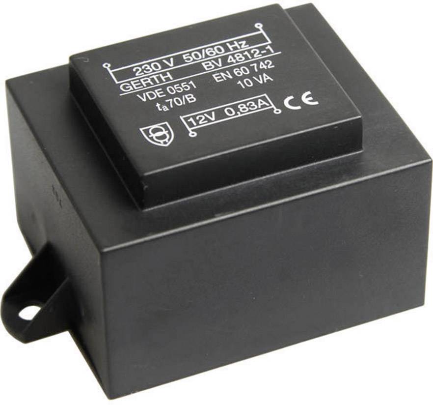 Čierny transformátor s nápisom: '230 V 50/60 Hz', '12V 0,83A', '10 VA', s označením CE.
