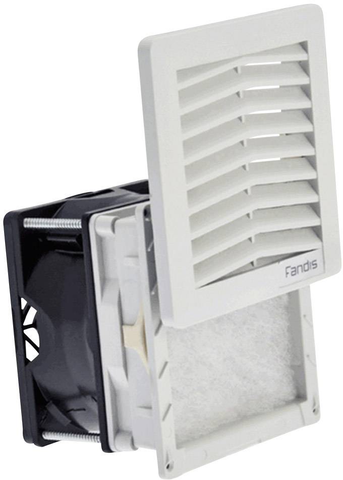Biely ventilátor s obdĺžnikovým mriežkovým dizajnom a sivým, vymeniteľným filtrom.