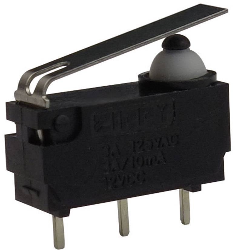 Čierny mikrospínač s pákou a tromi kovovými kolíkmi; používaný pre elektrické ovládanie.