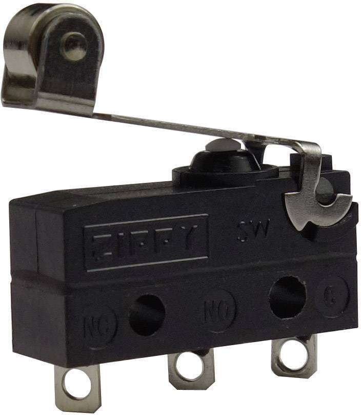 Čierny mikrospínač s pákovým ramenom a tromi elektrickými prípojkami. Vhodný pre elektrické riadiace a bezpečnostné aplikácie.