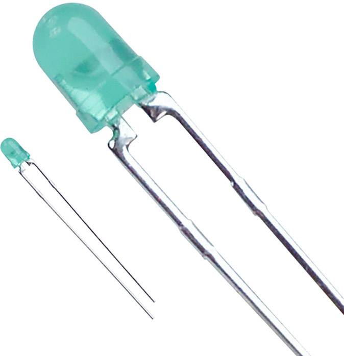 Dve zelené LED diódy, jedna veľká v popredí a druhá malá v pozadí, zobrazujú elektronickú súčiastku s priesvitnými vodičmi.