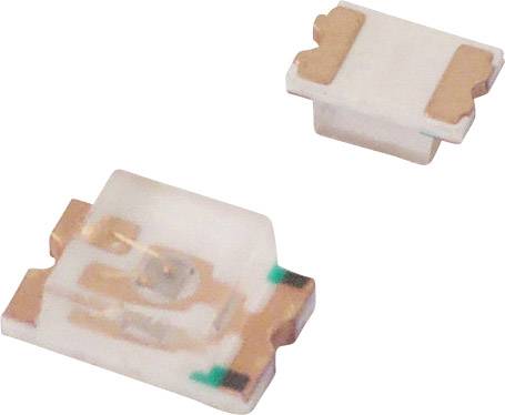 Dve malé elektronické SMD komponenty na bielom pozadí, jedna pohľadená spredu, druhá zhora, s medenými kontaktmi.