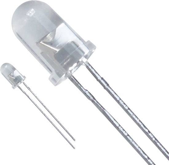 Dva transparentné LED diódy rôznej veľkosti s kovovými vývodmi, ktoré sa používajú v elektronických obvodoch.