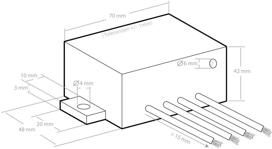 Výkres rozmerov obdĺžnikového elektrického komponentu s drôtenými prípojkami. Rozmery: 70x42x20 mm, tolerancie +/-1 mm.