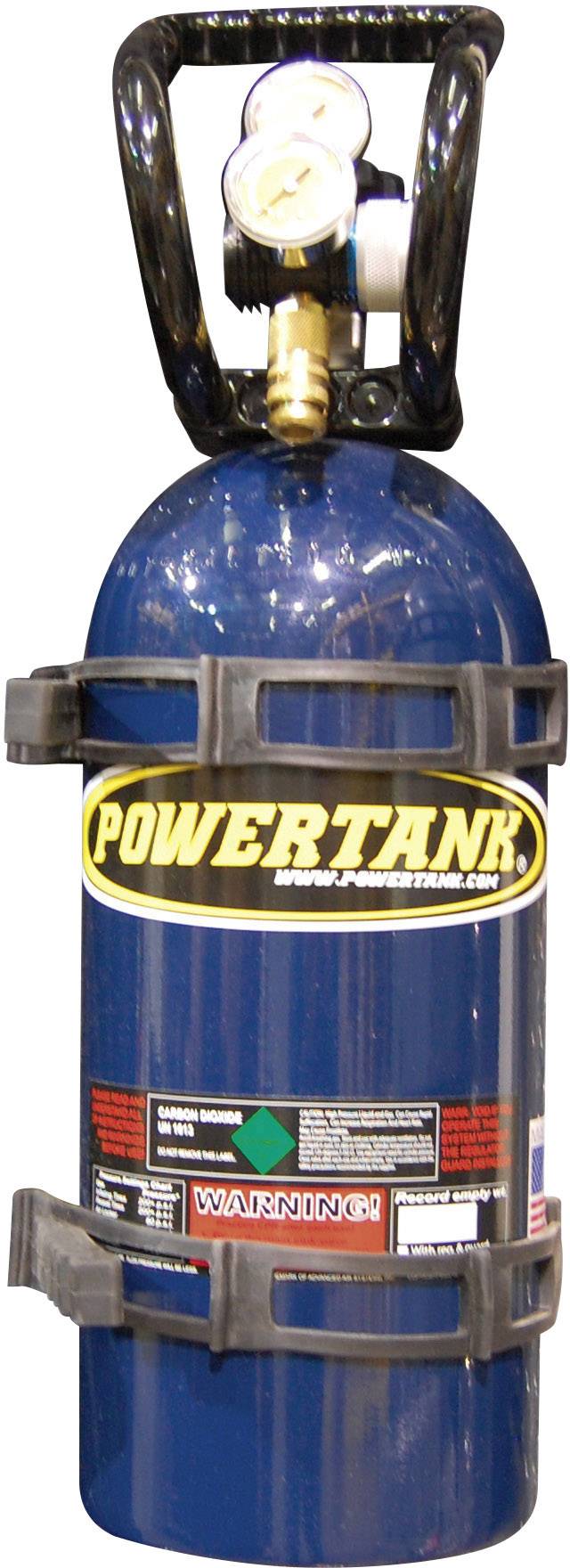 Modrý plynový tlakový valec s čiernou rukoväťou a meradlom. Nápis: 'POWERTANK'. Výstražné upozornenia dole.