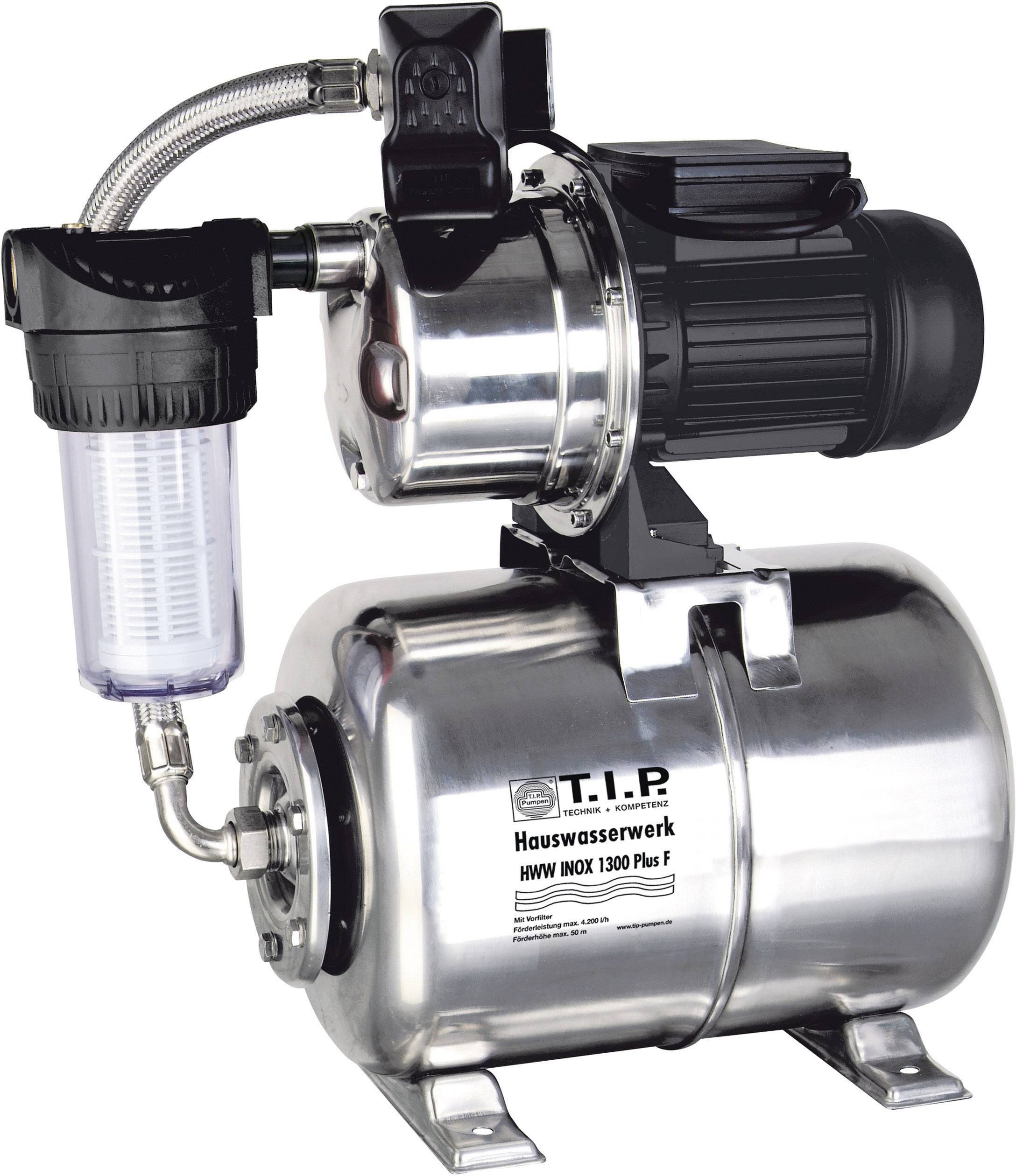 Domáca vodáreň s nerezovou nádržou a filtrom, model 'T.I.P. HWW INOX 1300 Plus F', vhodná pre zásobovanie vodou v domácnosti.