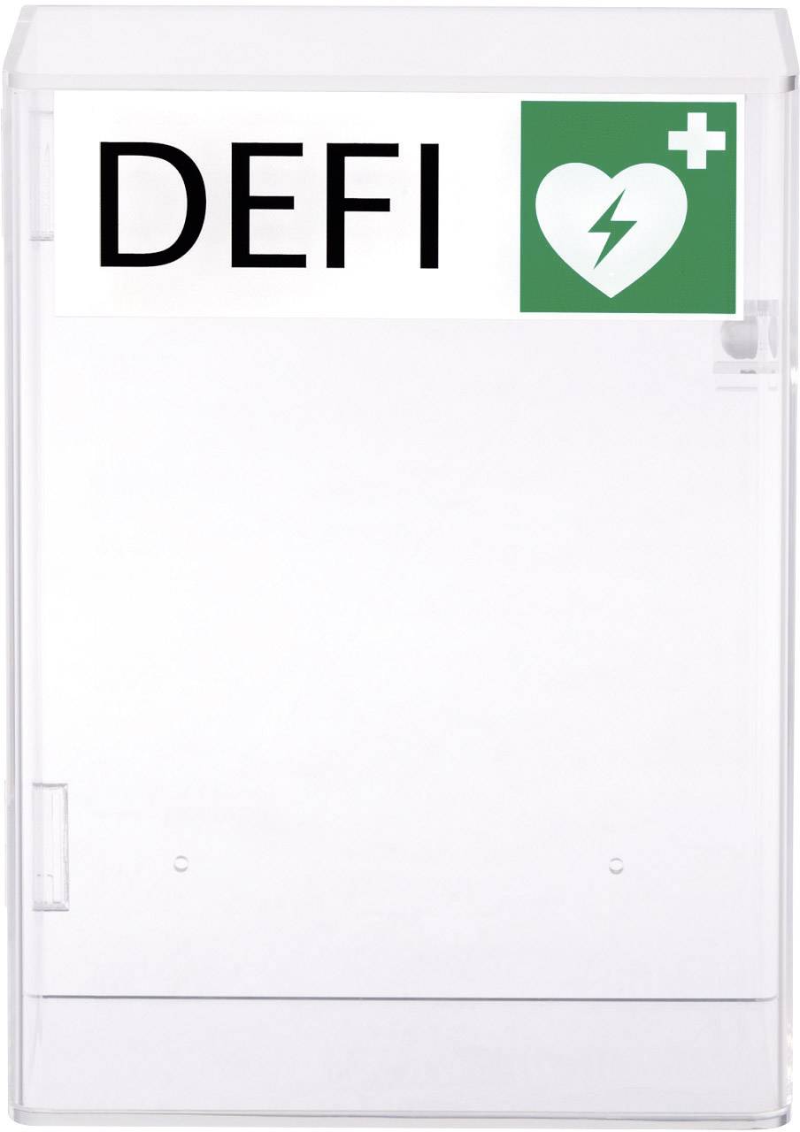 Biely box s nápisom 'DEFI' a zeleným symbolom srdca s bleskom, čo poukazuje na defibrilátor.