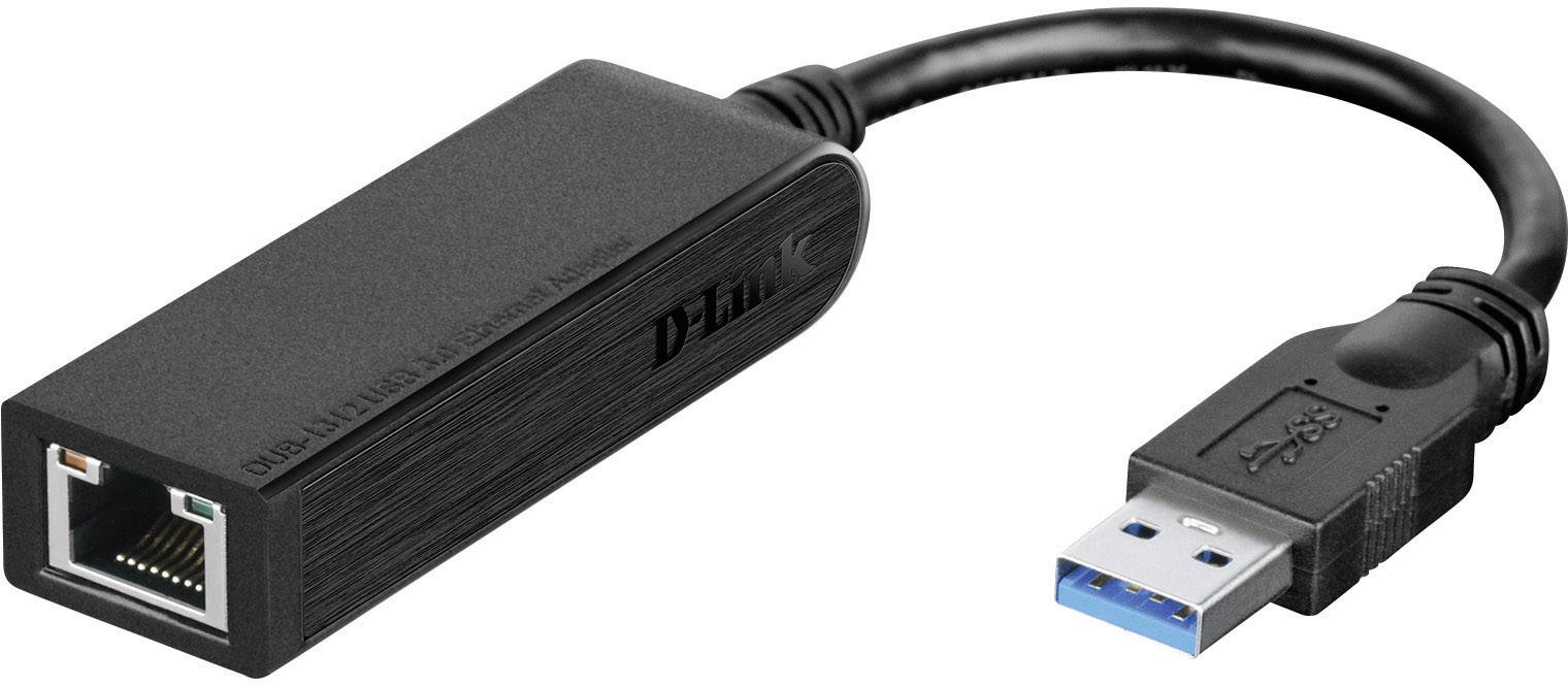 USB 3.0 ethernetový adaptér v čiernej farbe, ukazujúci na ethernetovú zásuvku a USB zástrčku. Ideálny pre káblové sieťové pripojenia.