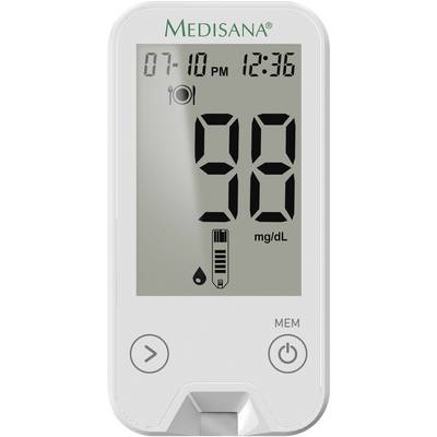 Glukomer s digitálnym displejom, ktorý zobrazuje '98 mg/dL'. Zobrazené sú symboly pre čas jedla a symbol kvapky. Čas: 12:36.