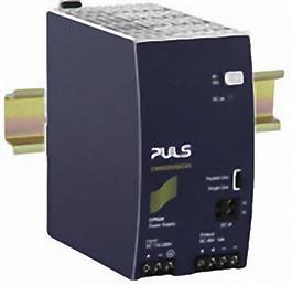 Priemyselný napájací zdroj na lište, používaný na napájanie elektrických zariadení. Viditeľný je firemný názov a číslo modelu.
