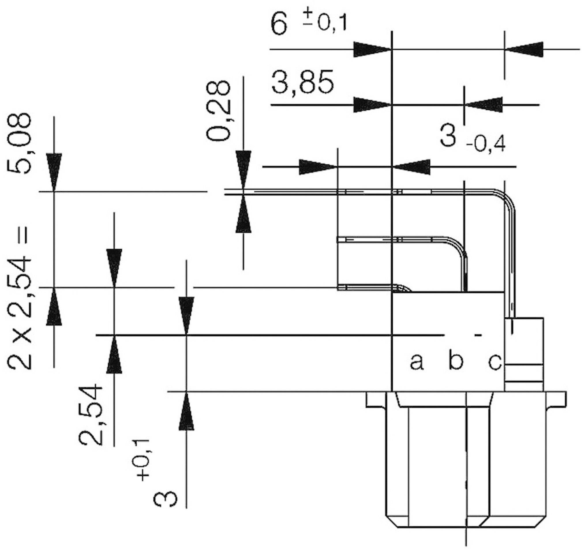 Technický výkres elektrického komponentu s rozmermi v milimetroch. Rozmery: 6 ±0,1; 3,85; 0,28; 5,08; 2 x 2,54; 3 ±0,1.