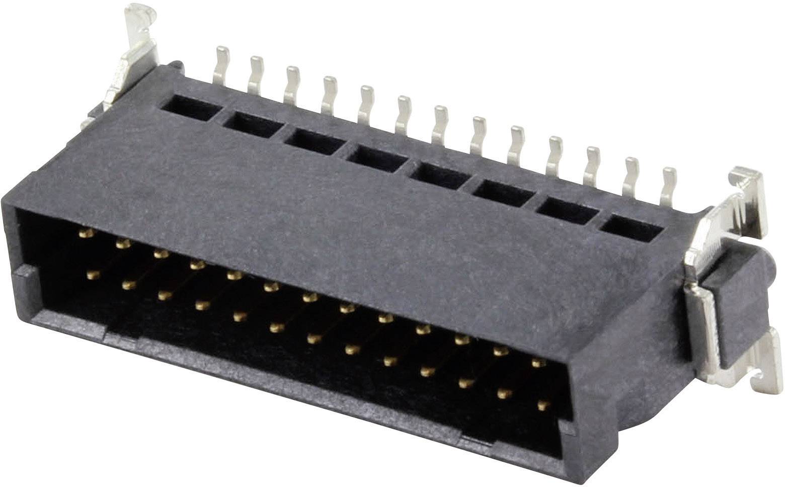 Čierny elektronický konektor s viacerými zlatými kontaktmi, podobný HDMI vstupu, na bielom pozadí.