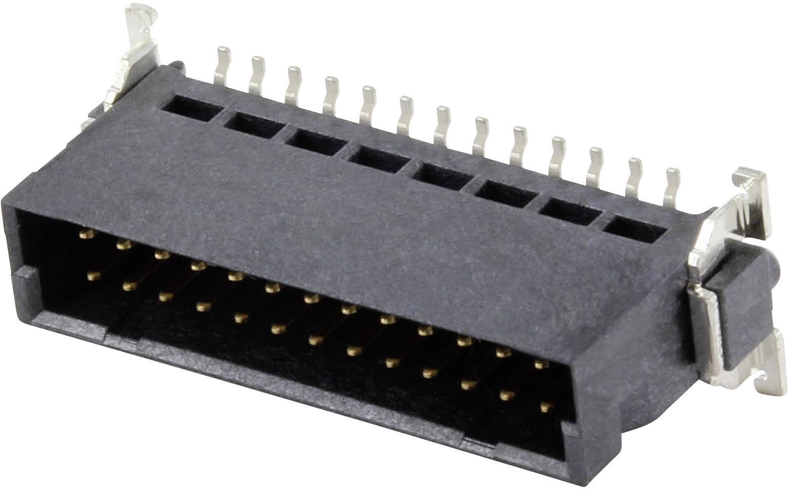 Čierny konektor s početným počtom kovových pinov, ktorý sa používa na elektronické prepojenia v zariadeniach.
