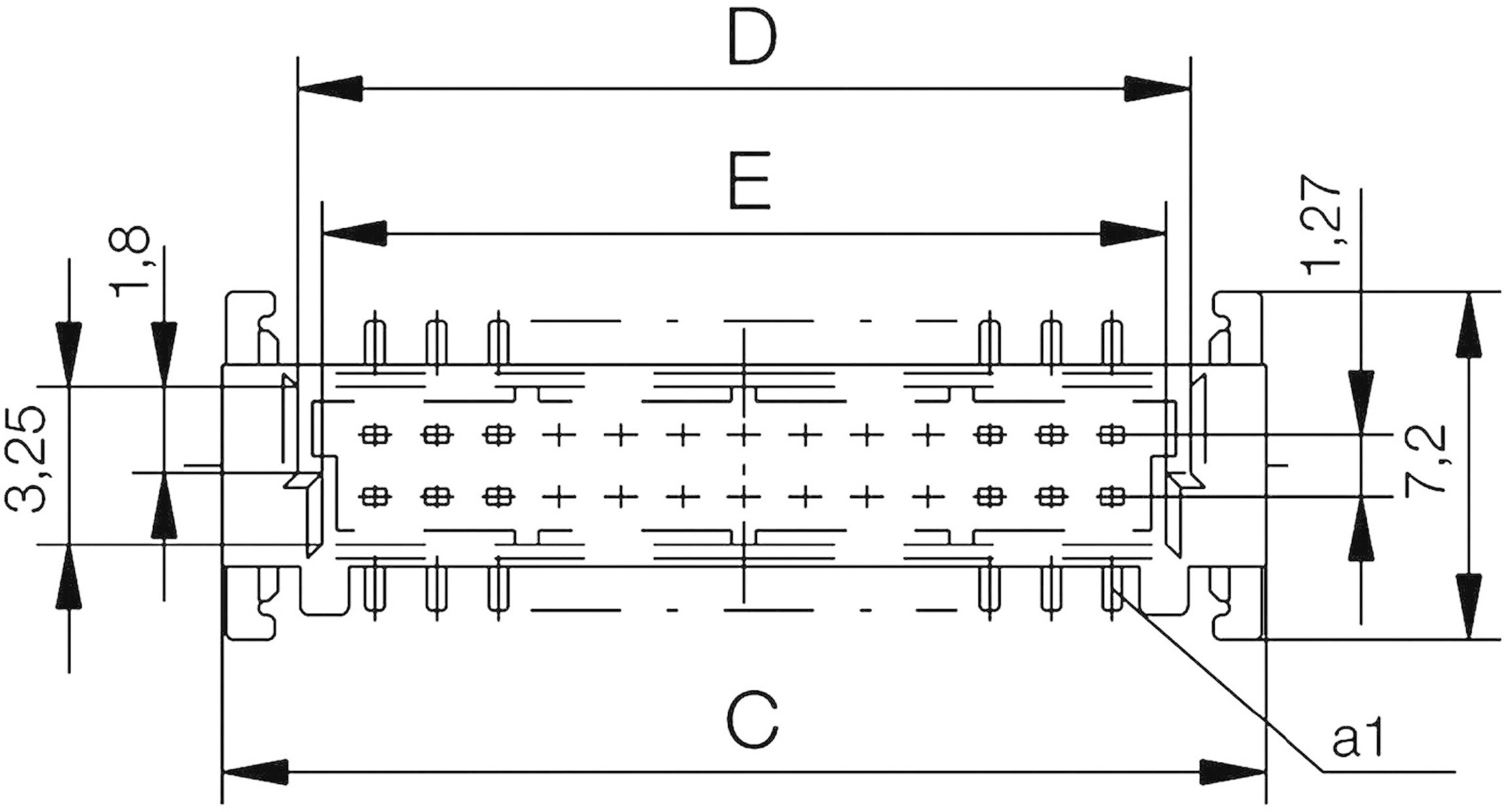 Technický výkres elektrického konektora s rozmermi: celková dĺžka 'D' a 'E', šírka 'C' a výškové miery.