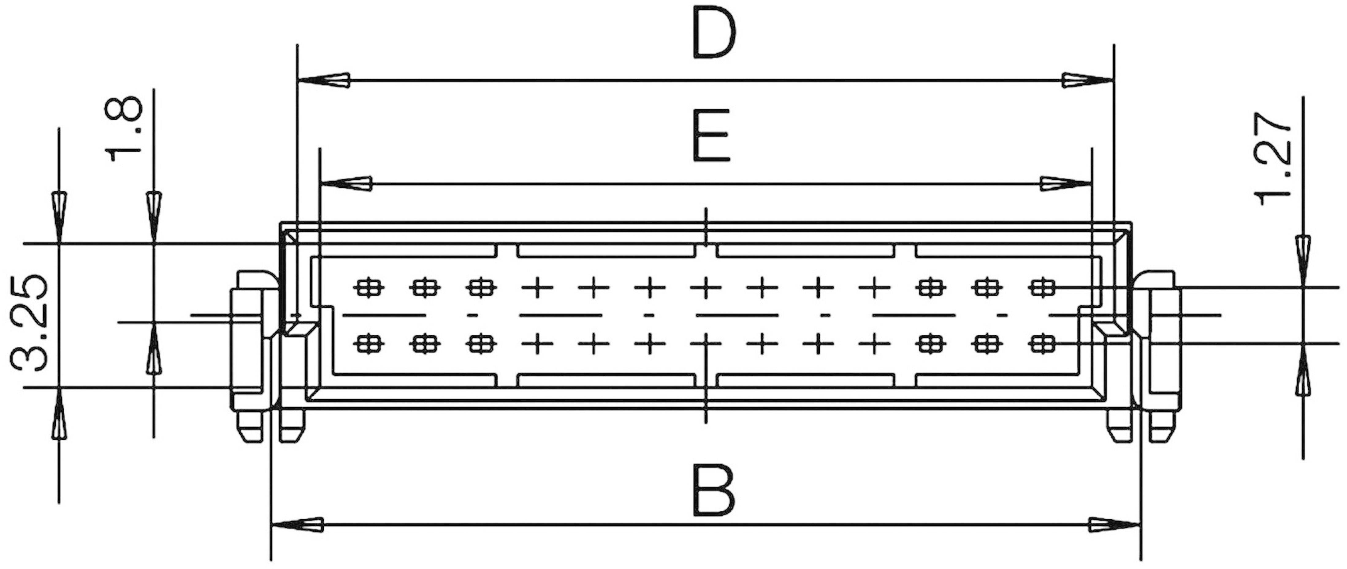 Schéma zapojenia zástrčky s rozmermi: šírka (Š), dĺžka (D), vzdialenosť (V), vzdialenosť otvorov 1,8 mm horizontálne, 1,27 mm vertikálne.