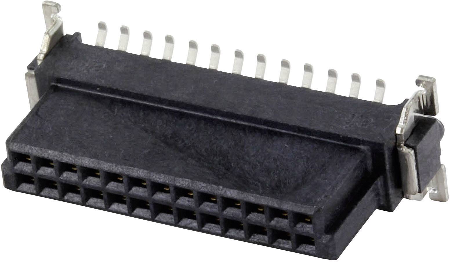 Detailný záber čierneho konektora s viacerými kovovými pinmi, vhodného pre elektronické zariadenia a obvody.