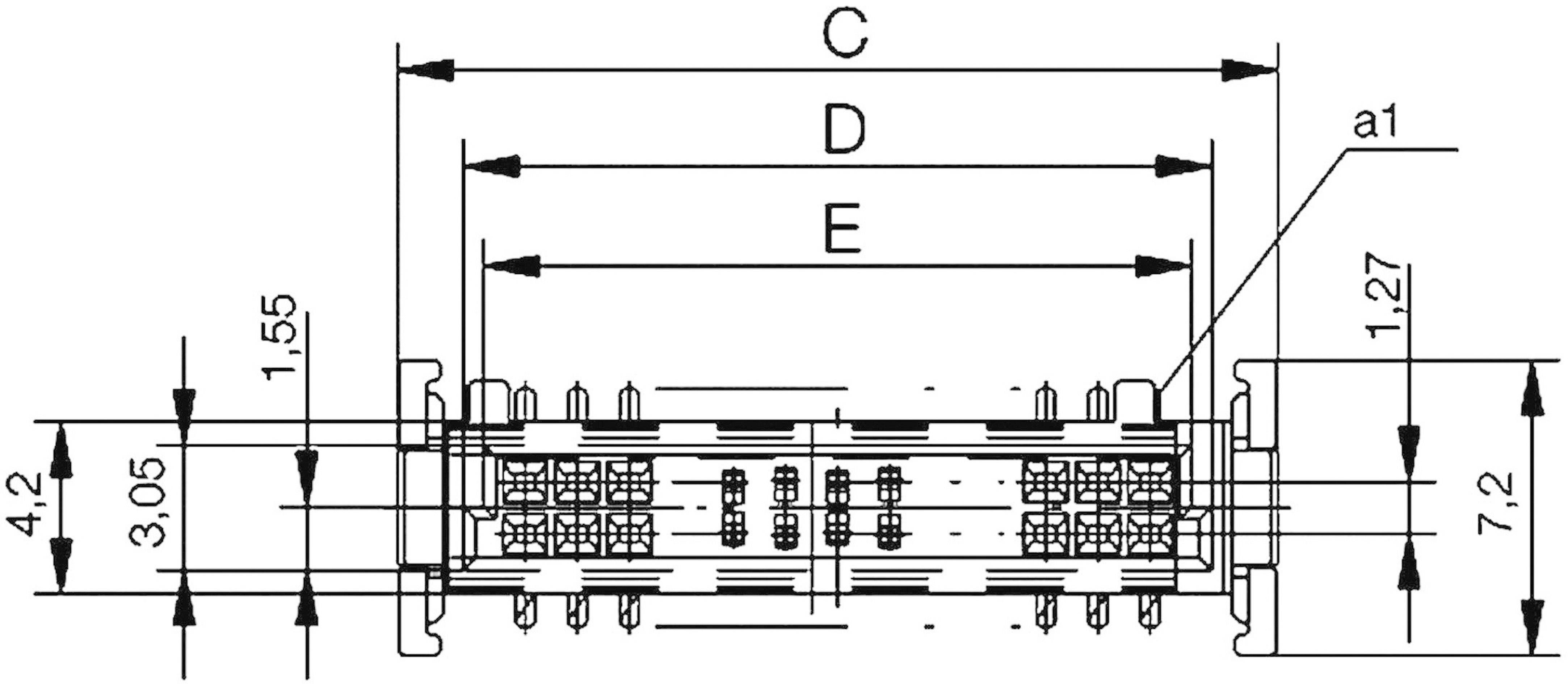 Technický výkres konektora. Rozmery: šírka 7,2 mm, rôzne vnútorné vzdialenosti (1,55 až 4,2 mm) a dĺžky segmentov (vyznačené C, D, E).
