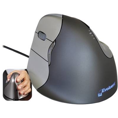 Ergonomická myš vo vertikálnom tvare, navrhnutá na zníženie namáhania zápästia. Fotografia zobrazuje ruku, ktorá drží myš.