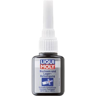 Fľaša s lepidlom od Liqui Moly, označená ako 'Upevnenie puzdier a ložísk'. Rýchle vytvrdnutie, teplotný rozsah -60°C až +150°C.