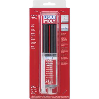 Fľaša Liqui Moly Tekutý kov v červenom obale, 25 ml. Používa sa na opravy kovových dielov. Obsahuje aplikačnú trysku.